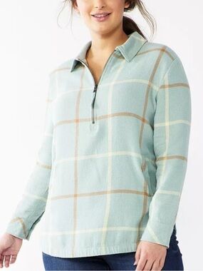 Sonoma Quarter Zip Flannel Shacket Sage Green Plaid Women Large L
